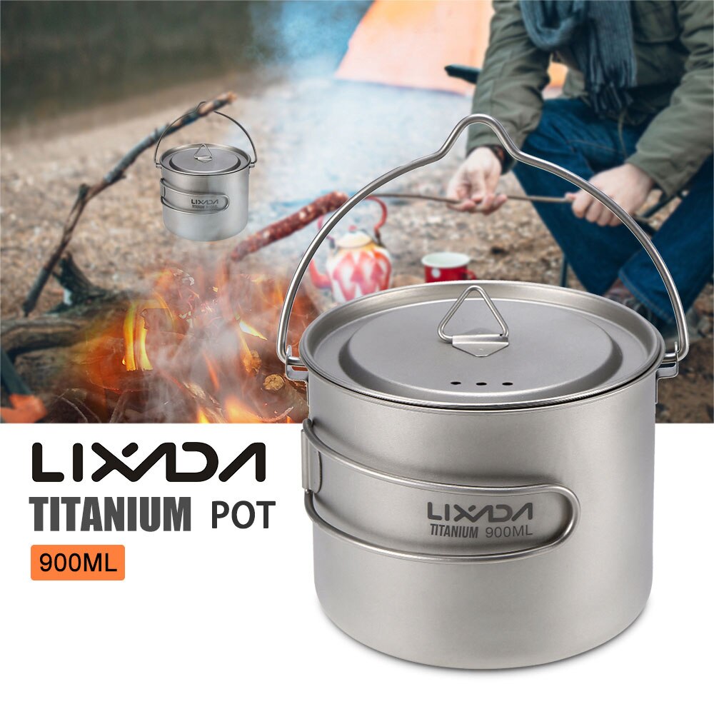 Lixada 900ml / 1600ml Titanium Cup Pot Ultralight Portable Cup with Lid and Foldable Handle Outdoor Camping Hiking Backpacking