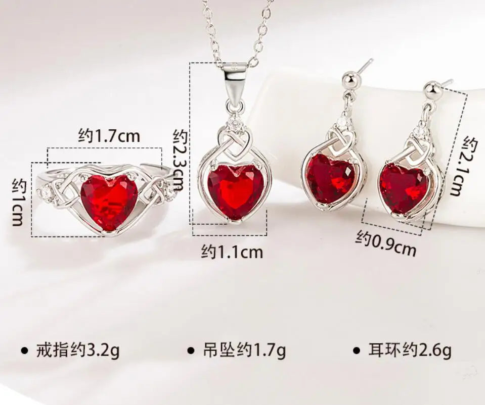 Red Heart Zircon Elegant Women's Sets Ring Earring Necklace