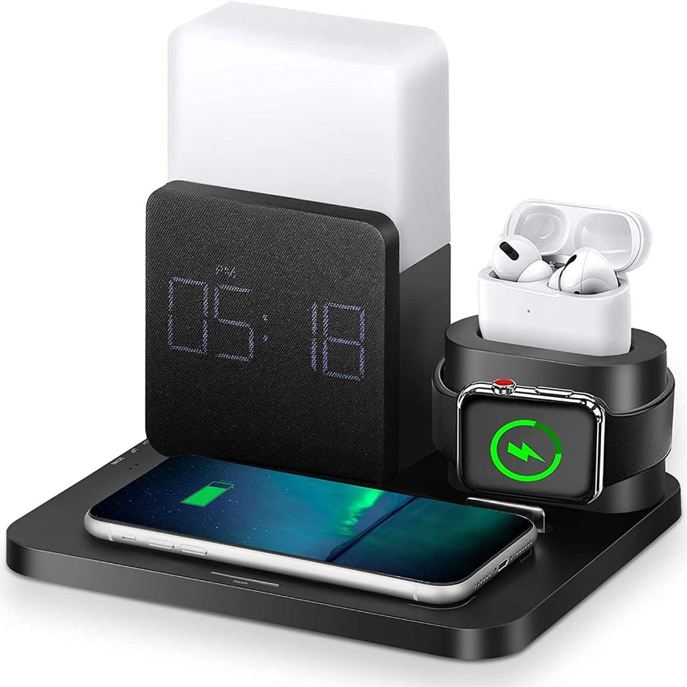 15W Wireless Charger 3 In 1 Fast Charging Station Digital Alarm Clock 3 Gears Night Light for IPhone 13 Watch AirPods Support