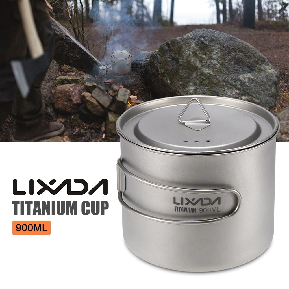 Lixada 900ml / 1600ml Titanium Cup Pot Ultralight Portable Cup with Lid and Foldable Handle Outdoor Camping Hiking Backpacking