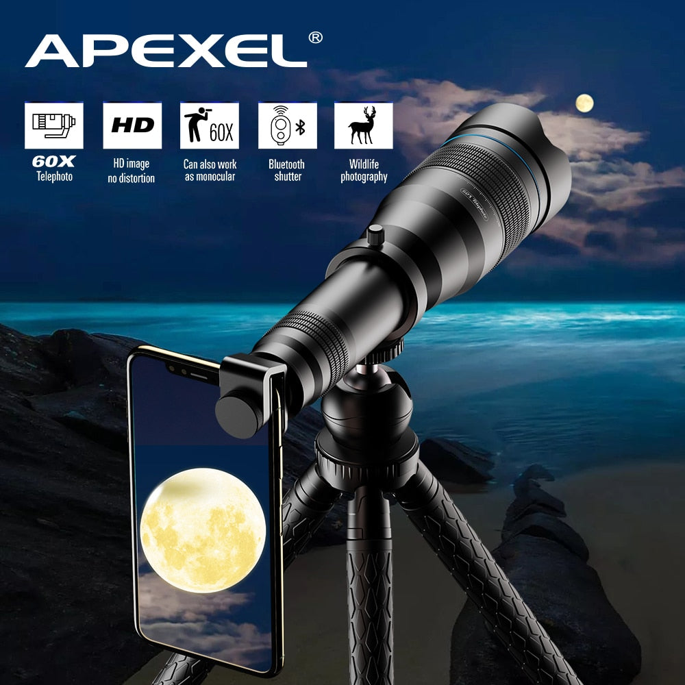 APEXEL 60X monocular telescope 36X 28X long range HD Zoom Mobile Telephoto Lens telescope for cell phone powerful spotting scope