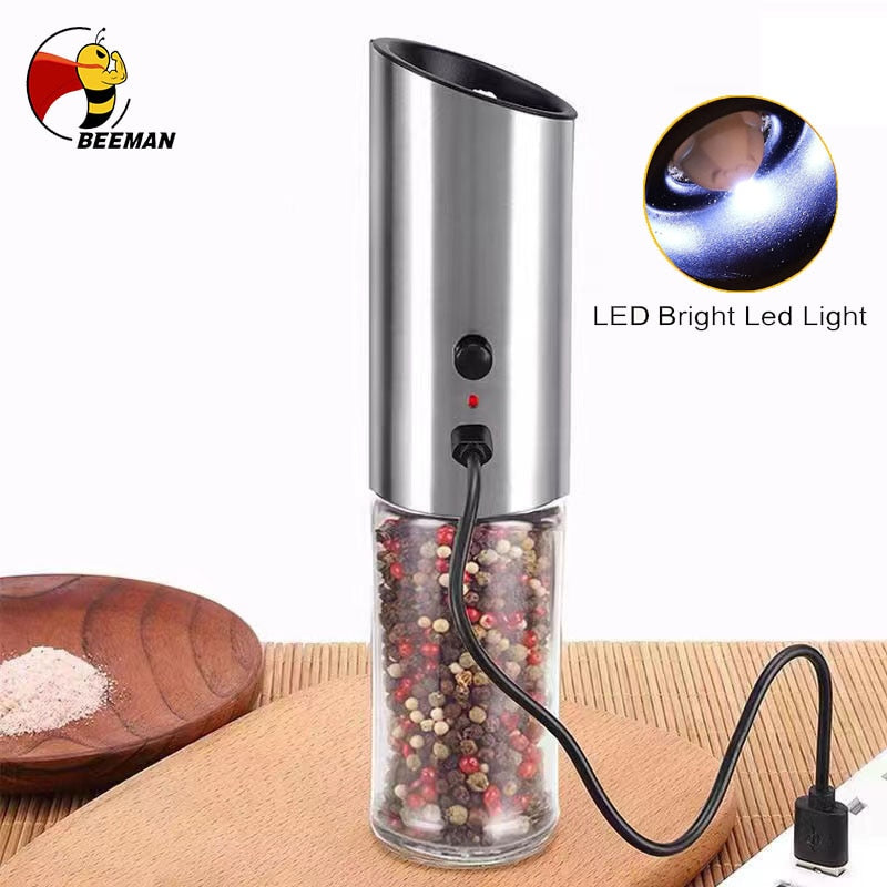 BEEMAN Automatic Salt Pepper Grinder Electric Spice Mill With LED Lamp Adjustable Coarseness Kitchen Tools Grinding For Cooking