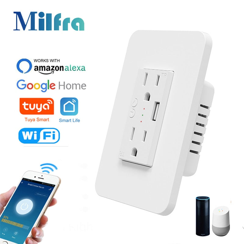 Tuya WiFi USB Wall Outlet US Double Electrical Sockets 5V/2.1A USB Charge On/Off Switch Tuya APP Voice Control Alexa Google Home