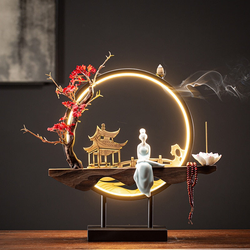 New Chinese Style Backflow Incense Stove Creative Backflow Incense Office Living Room Wine Cabinet Aromatherapy Stove LED Lamp